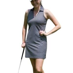 Smashing Golf & Tennis Racerback Daisy Print Polo Dress Athletic Pockets Blue